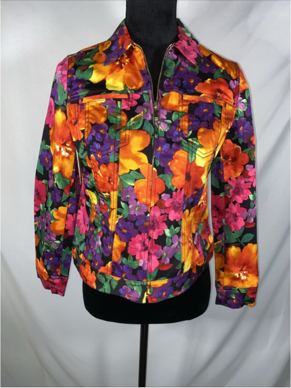 Jones New York Floral Full Zip Utility Jacket 8P Petite Cotton Stretch